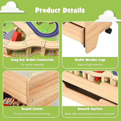 GLACER 100 Pieces Train Table, Wooden Activity Table with Storage Drawer, Tracks, Vehicles, Buildings, Wheels, Multipurpose Painted Train Table Set for Toddlers 3-5+, Gift for Boys Girls