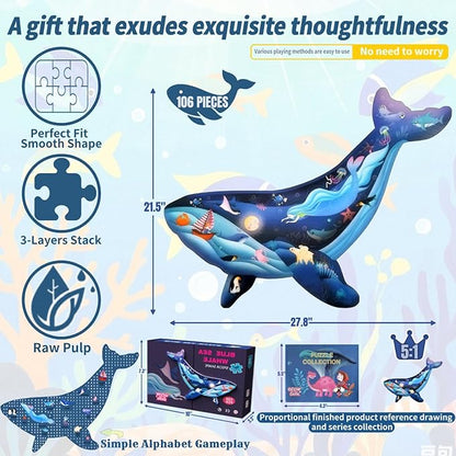 OLMZIHYVD Floor Puzzles for Kids Ages 3-5, 106 Pieces Glow in The Dark Whale Puzzle, Educational Gifts for Boys Girls and Animal Lovers, Ideal for Indoor and Outdoor Play, 27.8" × 21.5"