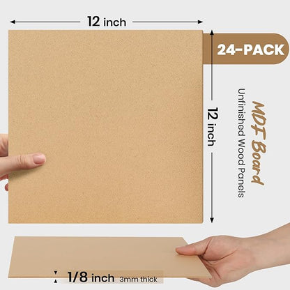 CALPALMY 24-Pack MDF Board 1/8 Inch Thick 12" x 12" Unfinished Wood Panels, 3mm Thick Medium Density Fiberboard Wood Boards for Crafts, Painting, Carpentry, Engraving, Interior Design, and More