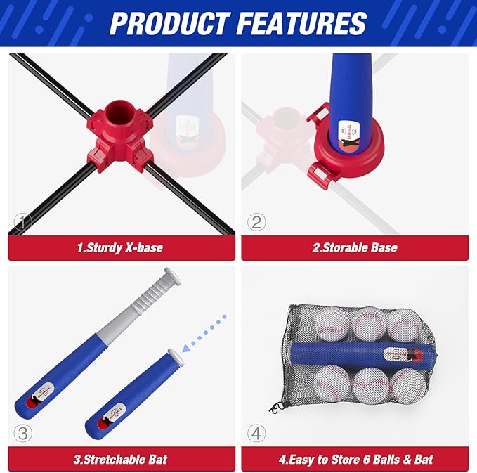 3-in-1 Baseball Set for Kids 3-5 - Tee Ball Stand, Hanging Tee, Ball Launcher and 6 Softballs - Adjustable Height, Indoor/Outdoor Sport Gifts for Boys Girls, Blue