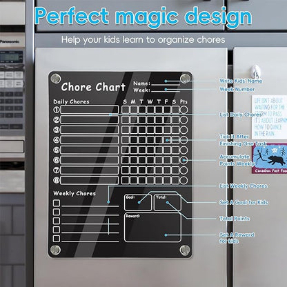 2Pcs Acrylic Magnetic Chore Chart for Kids, Chore Board, Dry Erase Chore Chart, 12"x9.5" Transparent Erasable Reward Chart for Teens and Adults Chore Checklist with 6 Markers and Towel