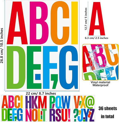 Bemeol 351 Pieces 36 Sheets Letter Stickers Big Font Alphabet Letter Stickers 5 Inch Self Adhesive Letters for Bulletin Board Classroom Mailbox Door Home Decor(Colorful)