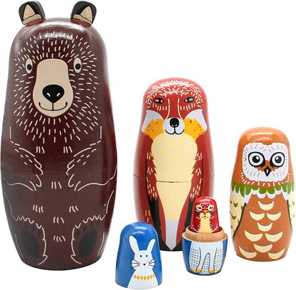 Conzy Russian Nesting Dolls for Kids, Stacking Wooden Handmade Matryoshka Dolls, 5 Piece Cute Cartoon Animal Pattern, Great Toy Gift for Girls Boys' Birthday or Home Decoration (Brown)