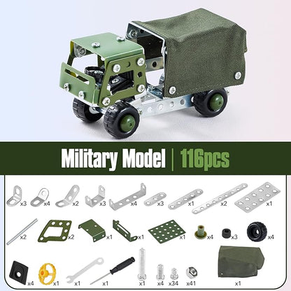 Military Truck STEM Building Toy Set for Boys Age 8-12 - Metal Army Toys Model Car Kits - Engineering Projects for Kids 6-10 - Vehicles