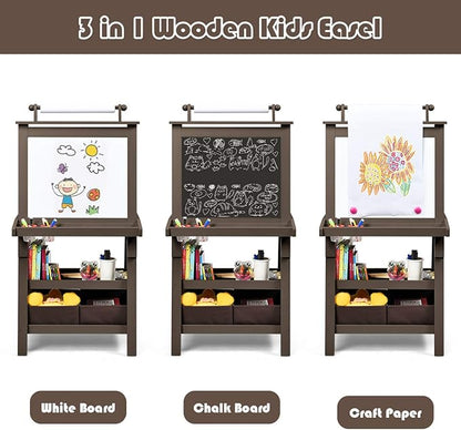 Costzon Kids Art Easel, 3 in 1 Double-Sided Wooden Easel w/Magnetic Whiteboard, Chalkboard & Paper Roll, 2-Tier Rack w/ 2 Storage Boxes, Standing Easel for Kids, Toddlers, Boys, Girls (Coffee)