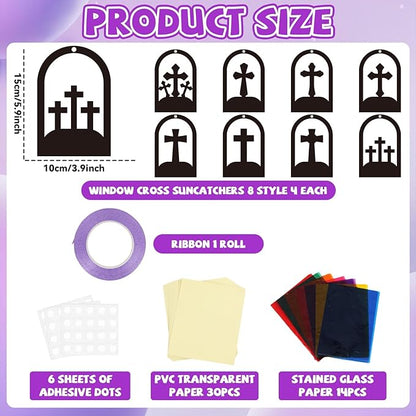 QOUBAI 32 Sets Cross Suncatchers Crafts DIY Window Stained Glass Effect Christian Religious VBS Paper Craft Home Sunday School Classroom Decoration Kid Birthday Gift Creative Art Project Activity Game