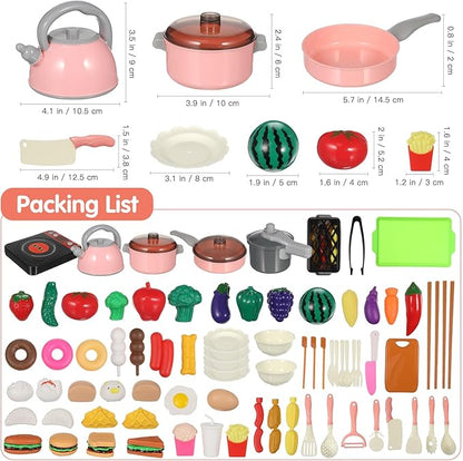 UPKOCH 86-Piece Interactive Kids Kitchen Playset with Electric Stove & Pressure Cooker - Pretend Play Cooking Toys for Toddlers, Cutting Vegetables & BBQ Grill Roleplay (Pink)