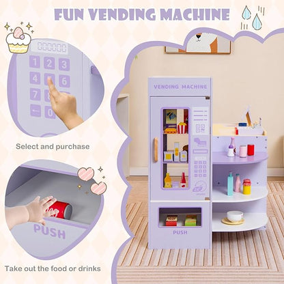 HONEY JOY Kids Grocery Store Playset, Wooden Supermarket Playset w/Cash Register & Vending Machine Toy, Blackboard, Checkout Counter Stand, Grocery Store Pretend Play for Toddler Boys Girls (Purple)