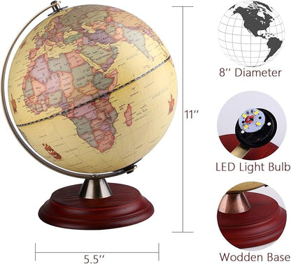 Illuminated World Globe for Adults & Kids with Wooden Stand,Built in LED Lamp for Illuminated Night View Antique Globe for Home Décor and Office Desktop 8inch
