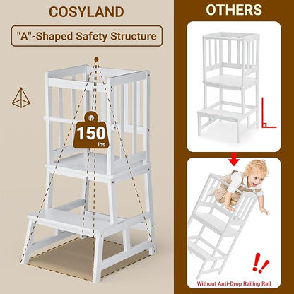 COSYLAND Kitchen Step Stool for Toddlers – Stable A-Frame Design Kids Standing Tower with Protective Crossbar – Wooden Learning Stool for Kitchen Island Counter, Bathroom (White)