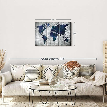 ElephantStock Deep Blue World Map Multi Piece Canvas - 3 Panel Wall Decor - Map of the World Art - Canvas for the Office and Home - 33" X 20"