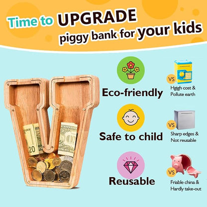 SummiDate Wooden Letter Piggy Bank| Piggy Bank for Boys Girls Toddler| Alphabet V Money Bank| Coin Bank Birthday Gift for Kids|Birthday Gift for Kids (V)