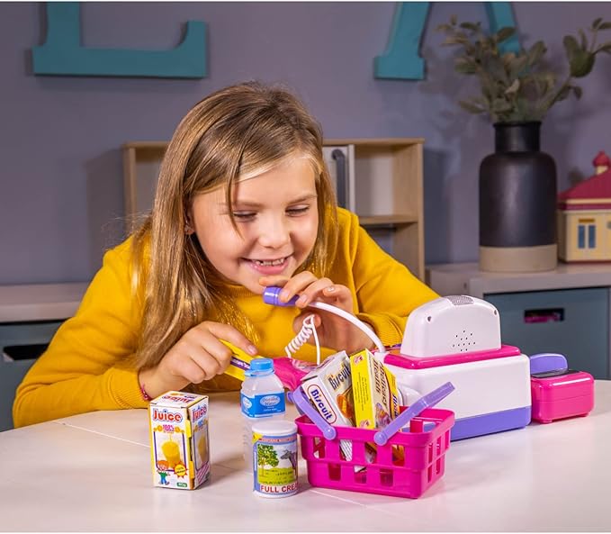 Pretend Play Electronic Pink Cash Register Toy Realistic Actions and Sounds