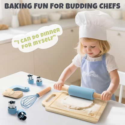 29 PCS Wooden Kids Cooking Set, Toddler Montessori Cooking & Baking Kitchen Tools for Real Cooking, 3 Knifes, Real Cutting Board, Apron, Kid Safe Kitchen Utensils for 3+ Year Old Boys Girls Gift