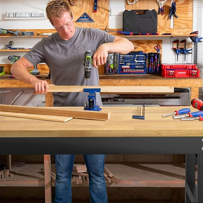48" Adjustable Workbench,Heavy-Duty Work Table,3000 LBS Load Capacity Hardwood Workstation Outlets with Power Strips and Wheels,for Workshop, Garage