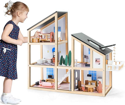 Large Wooden Doll House for Kids Ages 3+, Sturdy Modern Family Dollhouse Kit with Realistic Furniture Design, Educational Wooden Toy House for Toddlers Early Learning & Creative Play