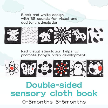 High Contrast Black and White Baby Toys 3-Piece Newborn Essentials Set with Hanging Toys,Rattle Crib Mobile,Baby Book & Car Seat Stroller Toys for 0-3-6-12 Months Infant Development
