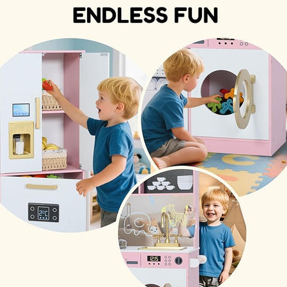 Play Kitchen Sets for Kids, Pretend Wooden Kids Kitchen Playset, Interactive Toy Kitchen with Freezer, Washing Machine, Ice Maker & Large Storage Space, for Boys Girls Ages 3+, Pink