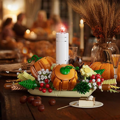 Fall Harvest Building Blocks Set – DIY Autumn Dinner Table Centerpiece Decor with White Candle, Pumpkin, Pinecones, Berries, Wheat, Thanksgiving, Halloween and Christmas Decoration (832 Pieces)