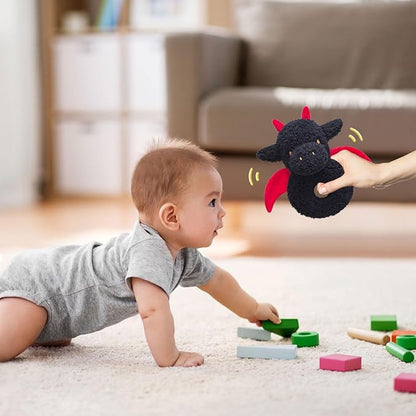 Baby Dragon Soft Rattle Toy, Plush Dinosaur Infant Shaker Rattle Easy-Grasp Stuffed Animal Toy, Gifts for Newborns Babies Toddlers Boys Girls, Black, 6 Inches