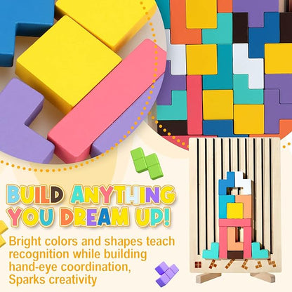 JONEG Games for 3+ Year Olds Kids- Wooden Stacking Puzzles Tetris - Brain Teasers 3D Russian Blocks Board - STEM Montessori Toys for Ages 3 4 5 6 7 10 - Gift for Toddlers Classroom Travel