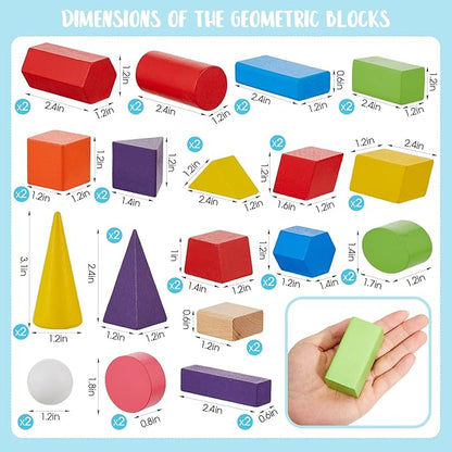 Deekin 36 Pcs Large 3D Shapes for Teaching Math Manipulatives Geometric Solids Blocks Montessori Learning Toys Blocks Solid for Preschool Elementary Kindergarten Home School Supplies (3D Shape)