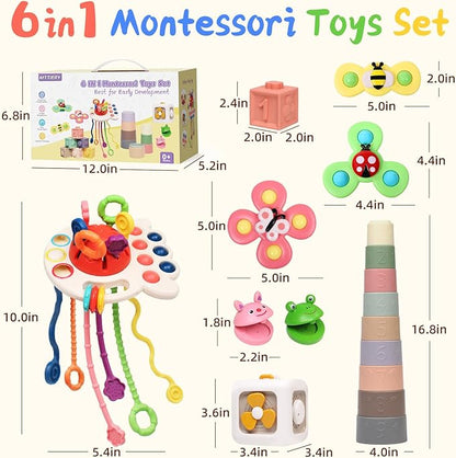 6 in 1 Baby Toys 0-6 Months, Montessori Toys for 6-12 Months, Infant Sensory Pull String Toy, Fidget Spinners Soft Buliding Blocks & Stacking Cups for Toddlers 1-3, Baby Gifts for Boys Girls