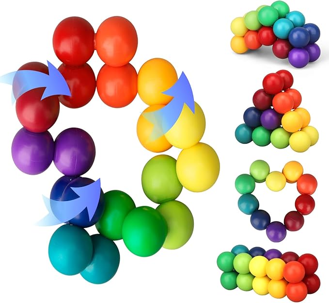 3 PCS Colorful Ball Fidget Ring Toy for Kids Toddlers, Fidget Chain Airplane Car Travel Trip for Age 3-8, Rainbow DIY Sensory Puzzle Toy for Easter Eggs Basket Stuffer Gifts