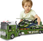 Kids Toys for Ages 3 4 5 6 7 8 Years Old Boys, 25" Large Army Semi Truck with Helicopter & Race Car, Friction Powered Vehicle with Lights & Sounds,Birthday Gift for Boys Girls