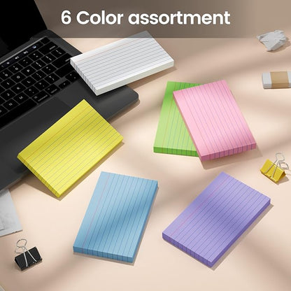 300 Count Index Cards 3x5 Inch Colored - 180gsm Heavyweight Flash Card (50 Sheets Each), Durable & Portable Note Taking for Students, Teachers, Study Flashcards for School Office Home
