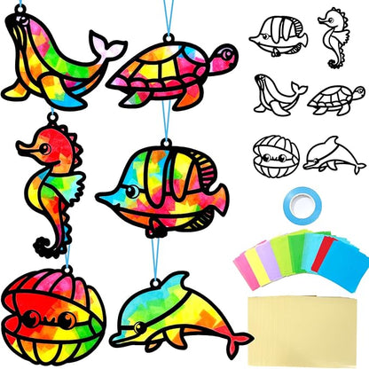 Qyeahkj 36 Set Sea Animal Suncatcher Crafts for Kids DIY Under The Sea Window Tissue Paper Craft Kit Ocean Animal Hanging Decor for Summer School Home Activity Art Project Birthday Party Favor Gift