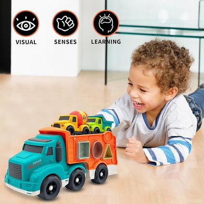 3 Pcs Toddler Car Toys for 1-3 Years Old, Construction Vehicle Toys Carrier Tuck Set Includes Dump Truck, Mixer Cement, Shape Sorter, No BPA, Phthalates, PVC, Christmas Birthday Gifts for Kids
