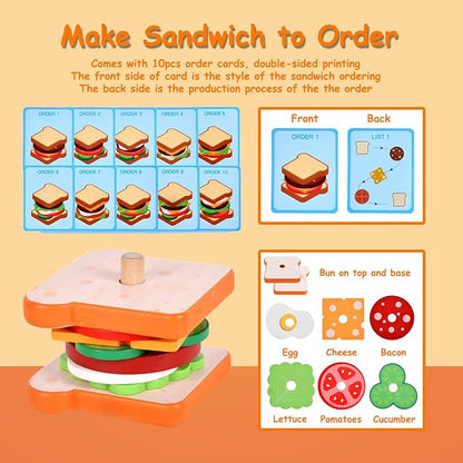 Wooden Sandwich Stacking Toys, Montessori Toys for Toddlers Kitchen Play Food Educational Preschool Learning Toys Christmas Birthday Gift Kids Toys for Boys Girls 3 4 5 Years Old (Sandwich)