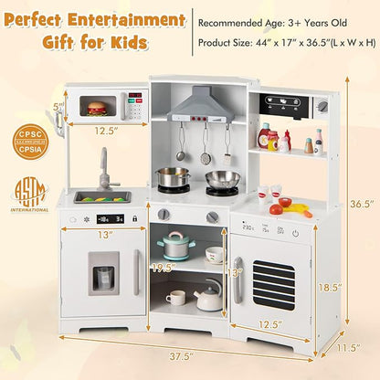HONEY JOY Corner Kids Kitchen Playset, Wooden Toy Kitchen Set w/Lights & Sounds, Range Hood, Ice Maker & Coffee Maker, Microwave, Sink, Faucet, Little Chef Pretend Play Kitchen for Toddlers, White