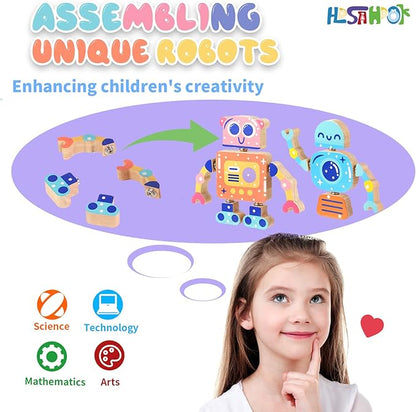 Wooden Snap Together Building Toys, STEM Blocks Toys, 28 Pcs Robot Take Apart Toys Playset, Montessori Educational Fine Motor Skill Toy, Gift for 3 4 5 6 7 8 Years Old Kids