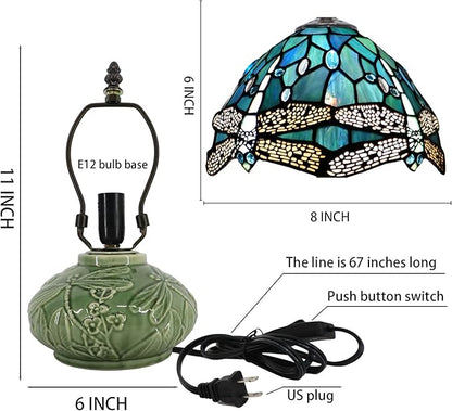 Small Tiffany Lamp Mushroom Table Lamp, Mini Stained Glass Desk Light Memory Sympathy Ceramic lamp 8X11 Inch (Sea Blue Dragonfly Style)