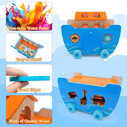 Wooden Noah's Ark Toy Baptism Gifts for 1 2 3 4 Years Old Baby Boy and Girl Montessori Educational Toy for Toddlers with Bible Story Animal Shape Sorter