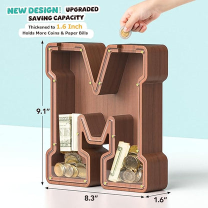 Summidate Wooden Letter Piggy Bank, Extra Thick Large Capacity Piggy Bank for Kids Boys Girls Toddler, Alphabet M Money Bank| Coin Box Birthday, Christmas, Festival