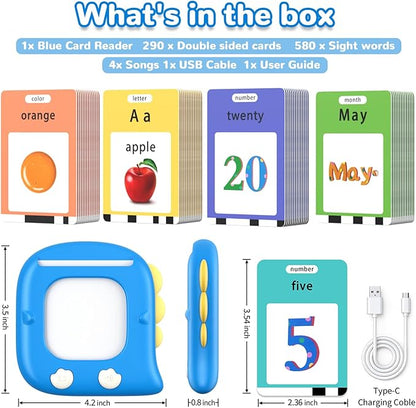 Kidzdo Talking Flash Cards with 560 Sight Word, Christmas Birthday Gifts for 2 3 4 5 6 Year Old Boys Girls, Montessori Pocket Speech Language Therapy Toys, Portable Toddlers Toys for Ages 2-6, Blue