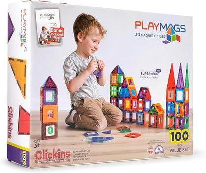 Playmags Magnetic Tiles for Kids – 100pcs Magnet Building Set for Toddlers Ages 1-5 | Stem Montessori Toy for 2 3 4 Year Old Boys & Girls | Toys for Toddlers, Preschool & Middle School Children