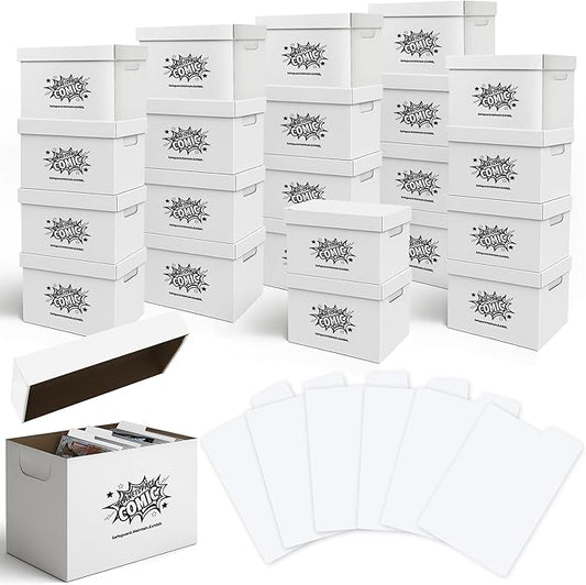Premium Comic Book Storage Box | 22 Boxes with 6 Dividers (Each Box Stores Up to 175 Comics) - Short Stackable Design with Dust Protection Lid | Strong Structure & Acid Free Manufacturing