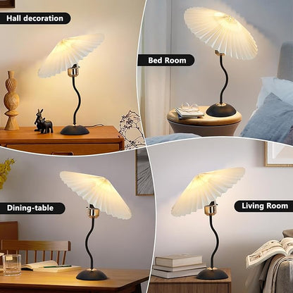Arts Bedside Table Lamp for Bedroom, Cute Small Pleated Lamps for Nightstand, Vintage Lamp with Umbrella Shade, Decor Desk Reading Lamps for Living Room Kids Room Dorm Office with E26 LED Bulb