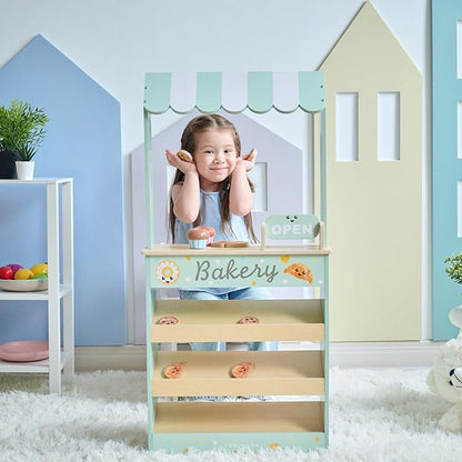 Teamson Kids Jolly Pals Wooden Bakery Market Stand Pretend Playset for Kids Ages 3+, Pastry Play Food Rotating Open/Close Sign, Hidden Storage Educational Role-Play, Pretend Play Wooden Market Stall