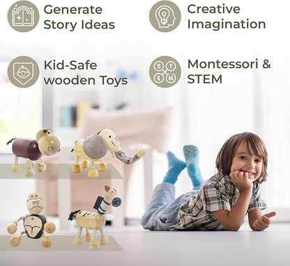 TEKOR Wooden Bendable Jungle Animal Toys (Set of 4) | Ages 3 & Up | Early Education Toy Animals for Kids | Elephant, Zebra, Hippo, Gorilla | Smooth Natural Wood | Endless Play for Girls & Boys