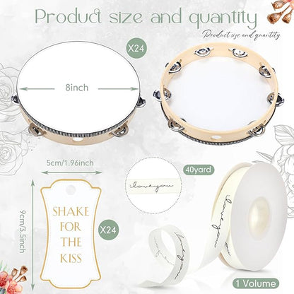 24 Set Tambourine for Adults Wooden Hand Held Drum with Metal Jingles, Gift Tags, White I Love You Printed Ribbon Percussion Gift Musical Instrument for Church Wedding Party Favor (8 Inch)