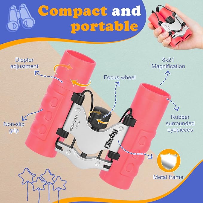 Obuby Real Binoculars for Kids Gifts for 3-12 Years Boys Girls 8x21 High-Resolution Optics Compact Toy Binocular for Bird Watching,Travel, Camping