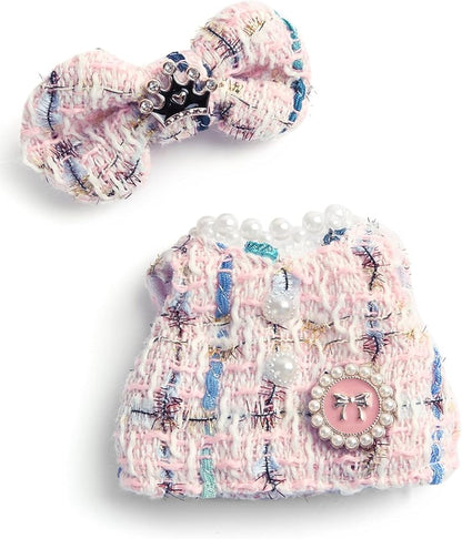 17cm Doll Clothes for Labubu - Luxury Chic Style Set for 17cm Dolls Outfit - Accessories for Dolls Clothes -Pink Plaid Tweed Dress + Pink Bow (No Doll)