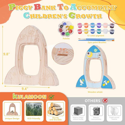 Wooden Piggy Bank for Kids, DIY Night Light Personalized Money Bank for Boys, Girls, Unbreakable Saving Box with Paintbrush and 12 Paints, Coin Jar Gifts for Kids Birthday Decor (Rocket)