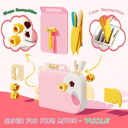 Montessori Kitchen Tools for Toddlers,Kids Knife for Real Cooking,Toddlers Knife Set with Storage Box Kids Safe Knives Children Cutting Set and Peeler,Montessori Toys for Kitchen Set -Pink