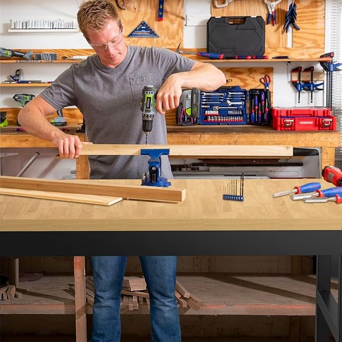 48" Adjustable Workbench,Heavy-Duty Work Table,3000 LBS Load Capacity Particleboard Hardwood Workstation Outlets with Fixed feet,for Workshop, Garage